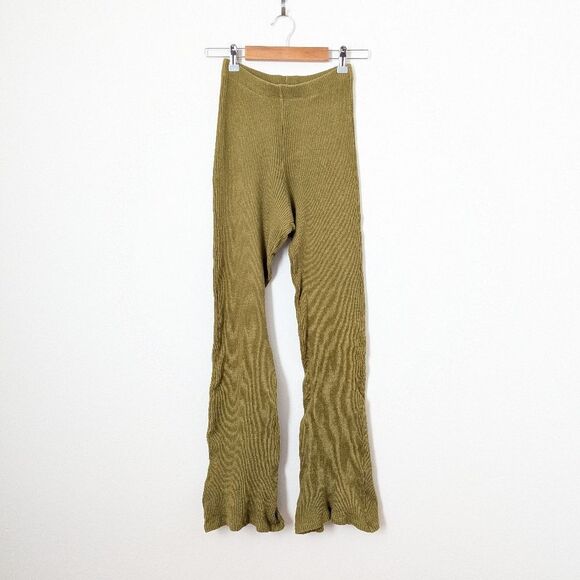 Cosabella Aloe chartruese green Britt ribbed cotton crop top flare pants set - Picture 6 of 10
